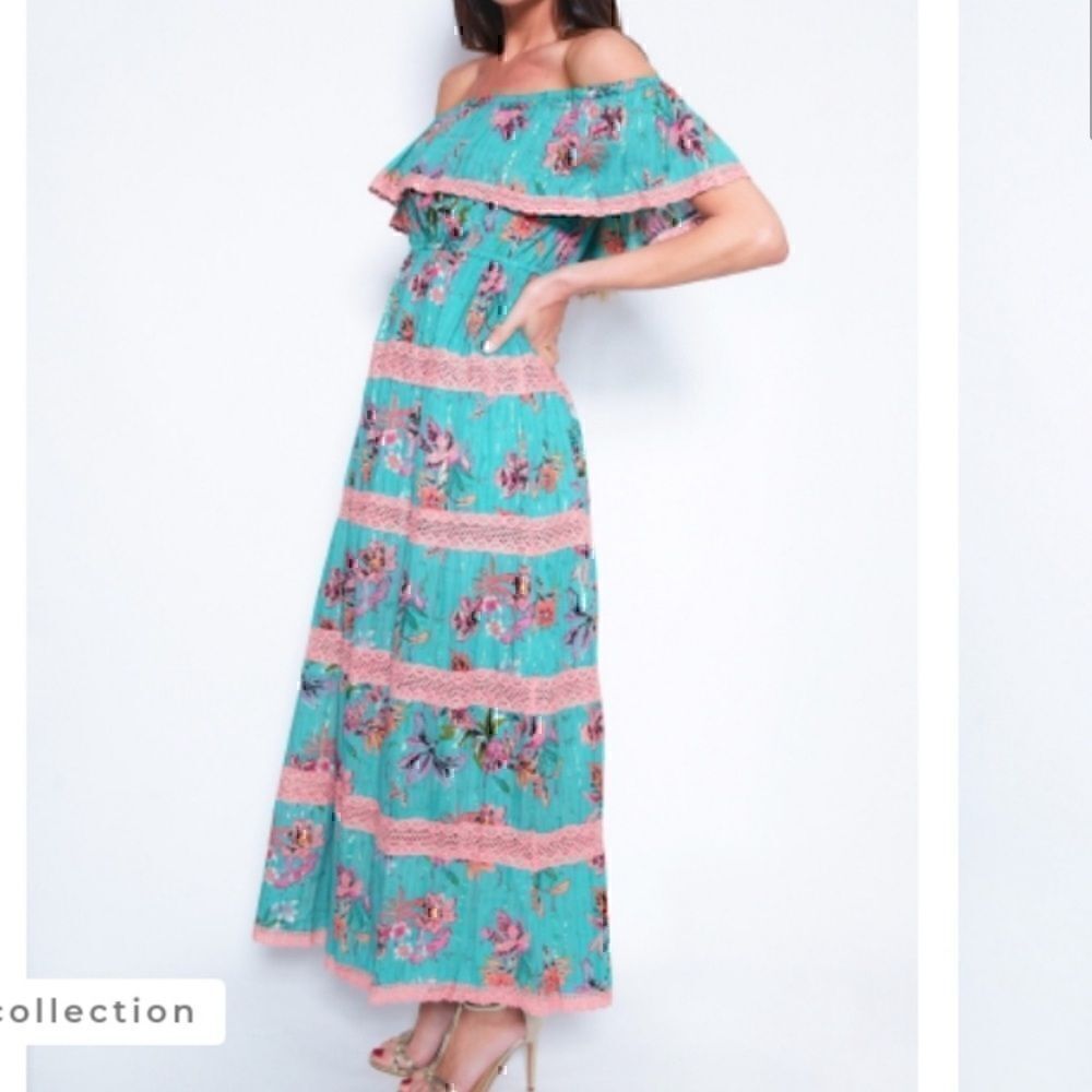 Anthropologie Barok Paris Floral Off Shoulder Maxi Dress Teal‎ Small Tiered Boho